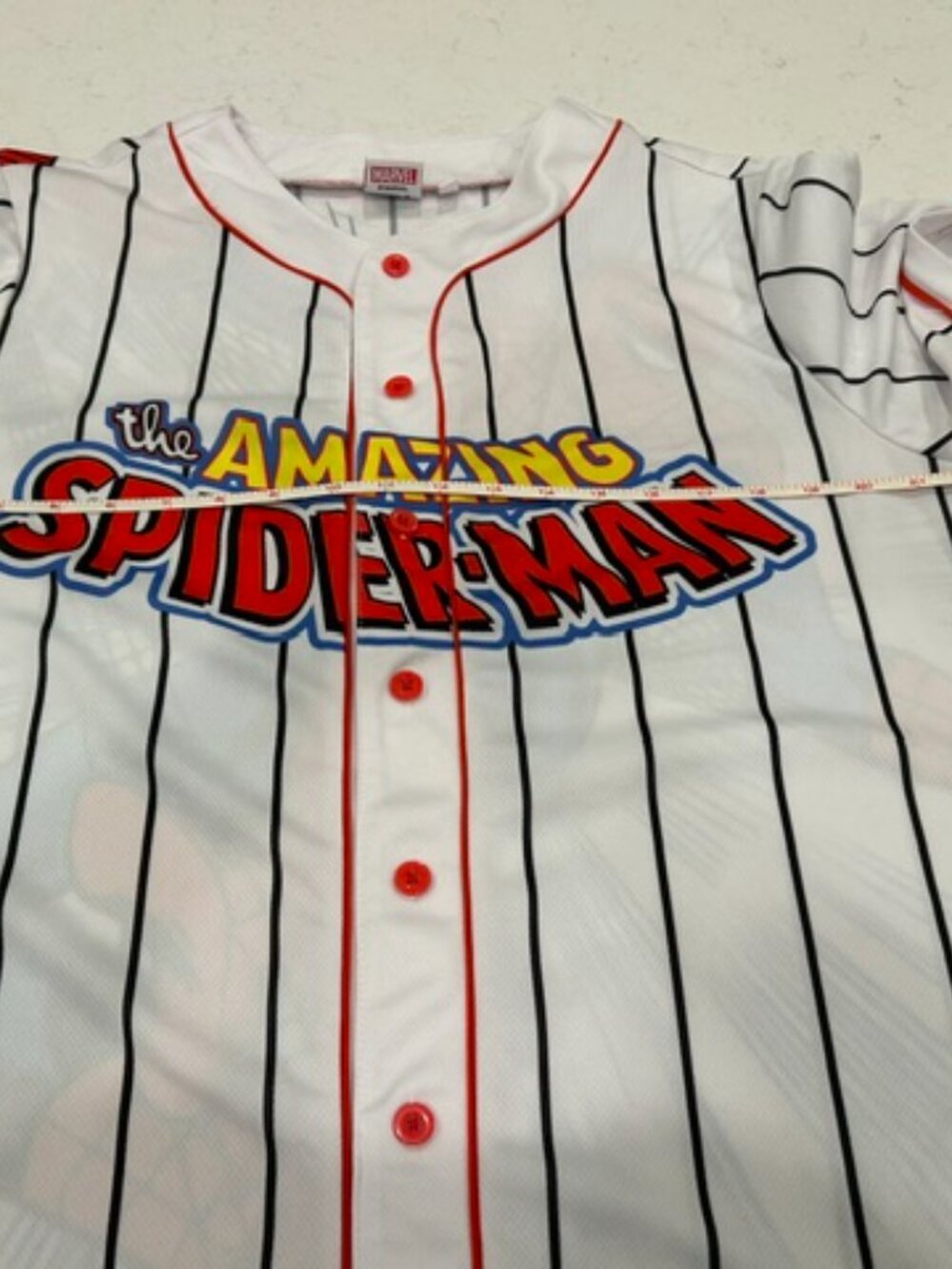 Marvel Spider‑Man Jersey Large White Pinstripe Button‑Up Red Graphic Shirt - Picture 8 of 11